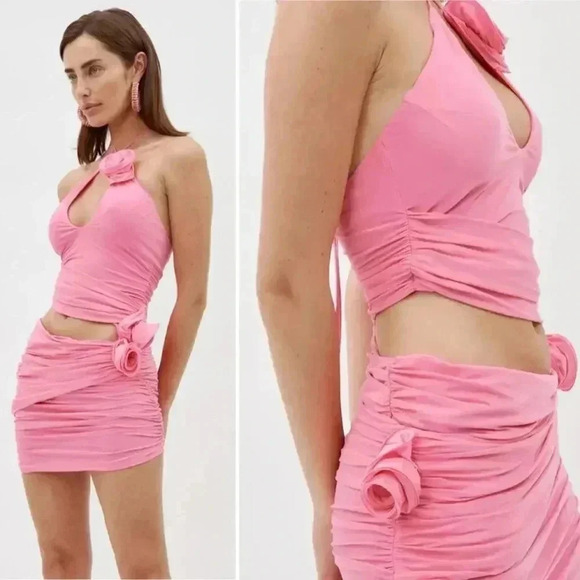 Magda Butrym Rosette Silk Jersey Pink Ruched Cutout Mini Dress 42 IT / US 6 - Picture 16 of 16